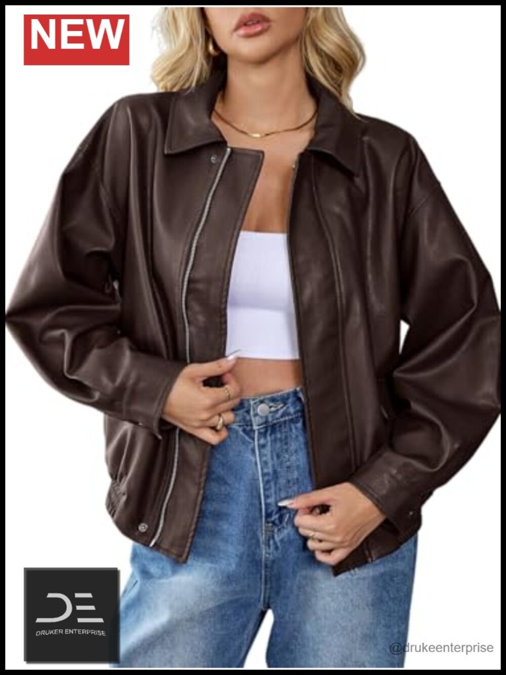 Womens Faux Leather Jacket Zip Up Bomber Motorcycle Oversized Fall Winter Coat